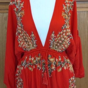 Free People Pretty Pineapple Mini Dress Embroidered Womens XS Red